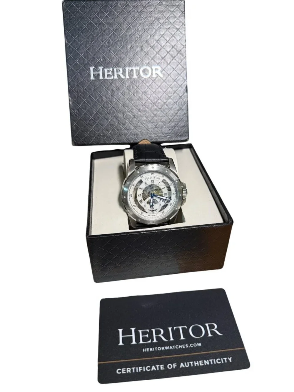 Heritor Automatic Skeleton Watch With Black Leather Strap Stainless Steel Case &